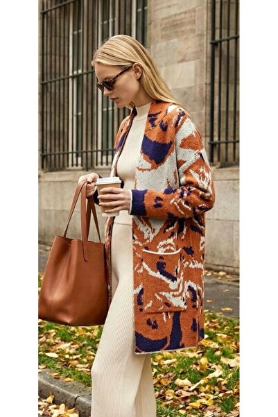 lamea Kadın Desenli Uzun Oversize Triko Hırka – Cepli – Turuncu/Lacivert