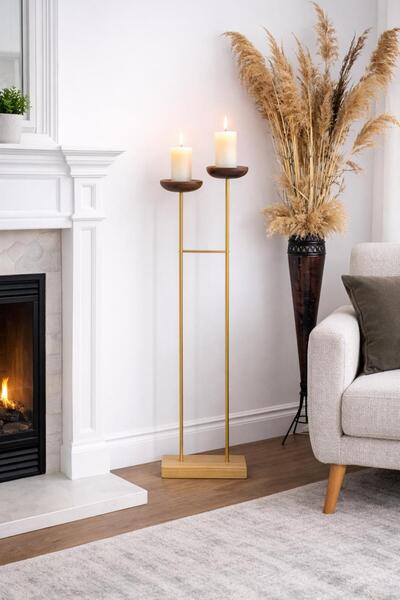 shop Dekoratif Şamdan Uzun Tasarım Mumluk Doğal Ahşap Mumluk