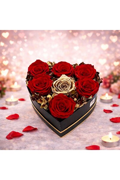 velve Glame heart-shaped floral arrangement with seven cryogenic roses, red/gold