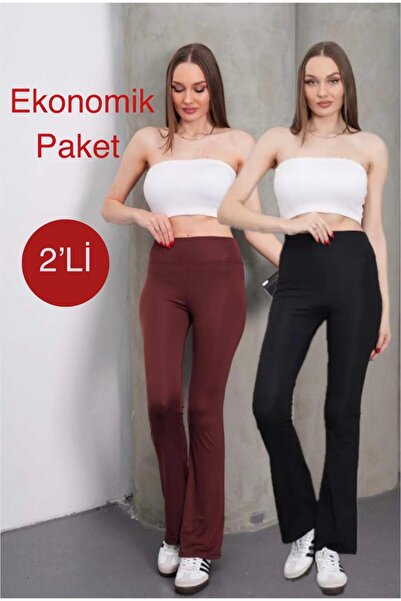 glanour Γυναικείο Μαύρο & Καφέ Ψηλόμεσο εφέ σύσφιξης Ελαστικό Κολάν καμπάνα