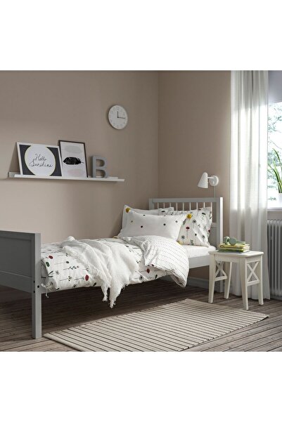 IKEA Tek Kişilik Karyola, Açık Gri, 90x200 cm Masif Ahşap