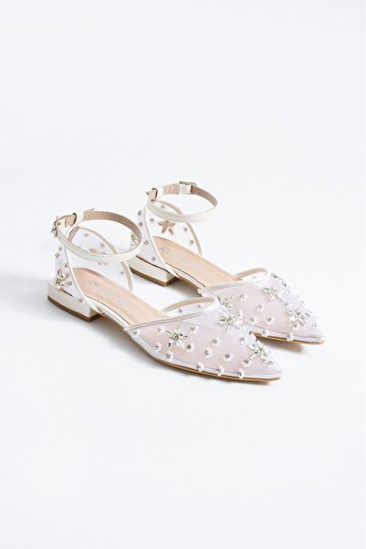 RUXENE FLORA TAŞ İŞLEME DETAYLI DÜZ BİLEKTEN BANTLI SİVRİ BURUN 2 CM TOPUKLU ...