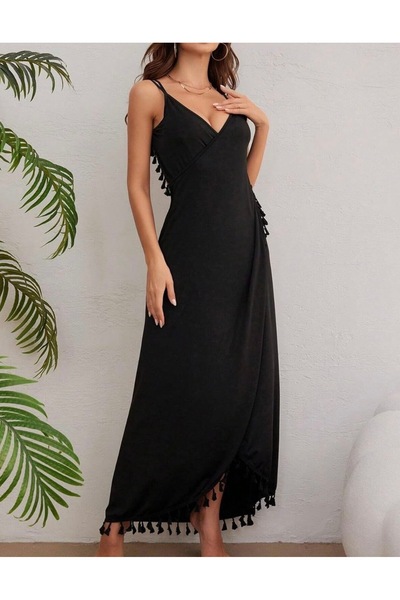 My Easy Shop Women's Beachwear Pareo Viscose Pompom Detailed Beach and Pool Suspender Dress