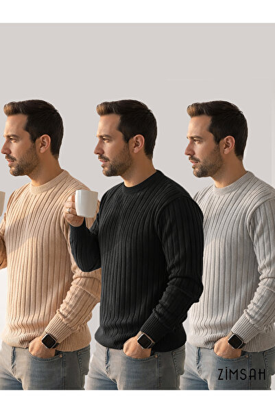 Zimsah 3 Adet Slim Fit Triko Erkek Kazak Bisiklet Yaka (Bej – Siyah – Gri)