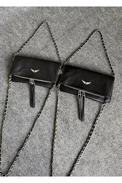 MyleeButik Siyah Deri Görünümlü Zincir Askılı Portföy ve Omuz Çantası