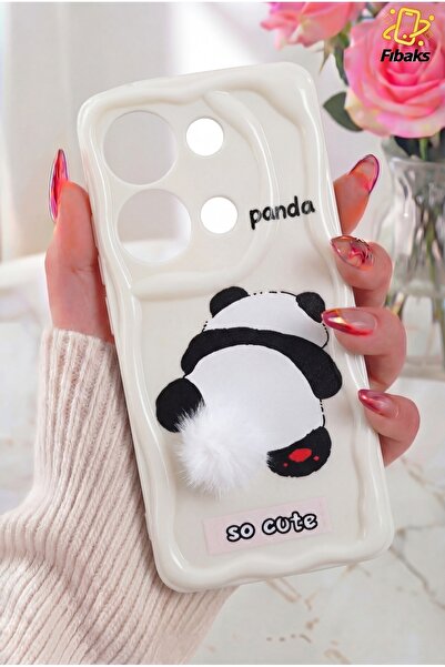 Fibaks Redmi Note 13 Pro 4G Kılıf Kamera Korumalı Panda Desenli Beyaz Püsküll...
