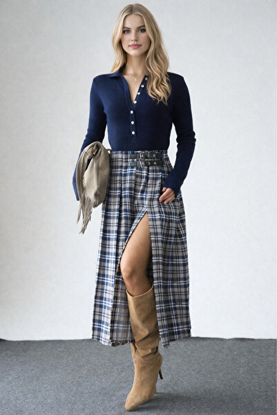 LOOSH Kadın Lacivert Ekose Desenli Kemer Detaylı Yırtmaçlı Etek