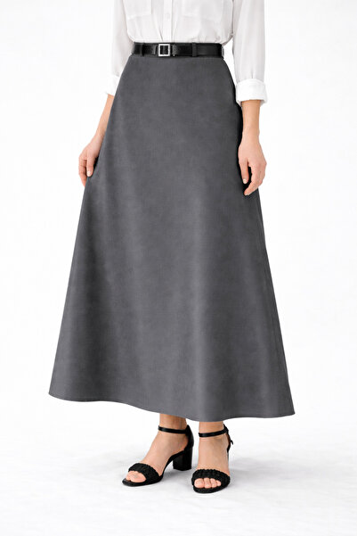 YAXİ تنورة جلدية طويلة فضفاضة باللون الرمادي الداكن مع حزام مفصل