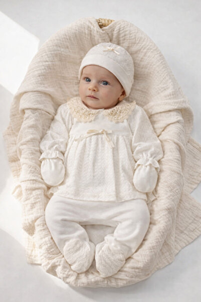 VERONA TARZ Baby Girl Lace Collar 5-Piece Hospital Discharge Set Cotton Luxur...