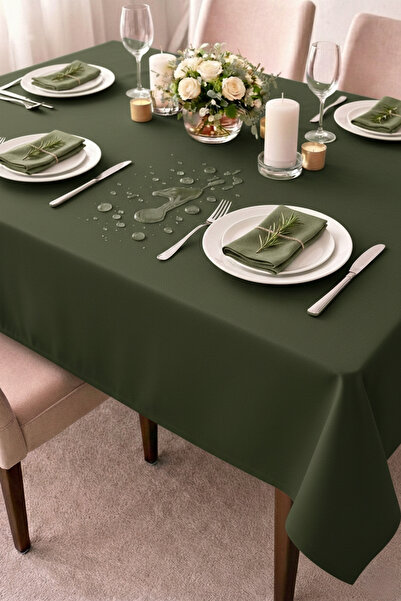 shopshop مفرش طاولة طعام كبير الحجم باللون الأخضر الكاكي مع خاصية طرد الماء