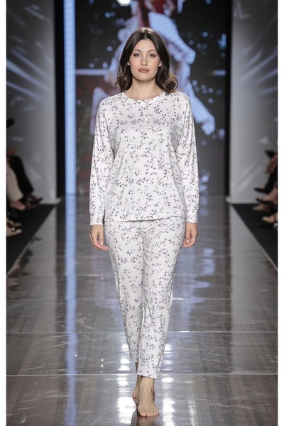 Aydoğan Set de pijamale Napoli cu flori gri pur, cu mâneci lungi