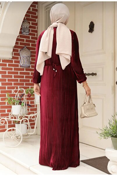 Neva Style Pileli Bordo Kadife Tesettür Elbise 22751BR