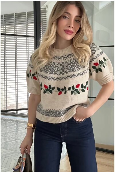 CADDELAMODA Pulover de damă cu mânecă scurtă, brodat cu flori, moale premium