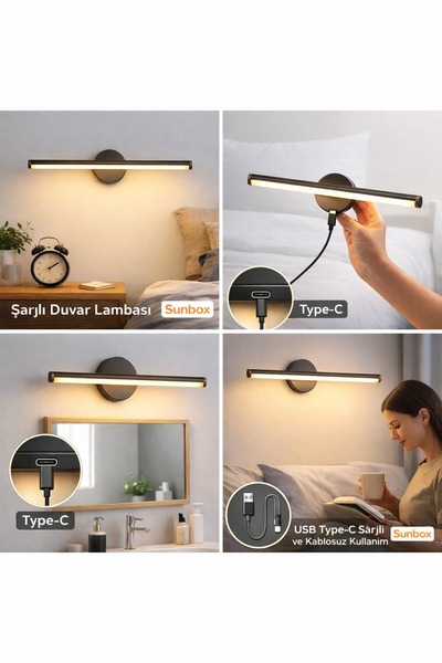 Sunbox Şarjlı Led Tablo Aydınlatma Siyah kasa rengi Yapışkanlı Günışığı