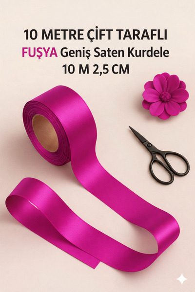 serap çiçekçilik Fuşya Saten Kurdela 2,5 Cm. 10 Metre Fuşya Saten Kurdele Boh...