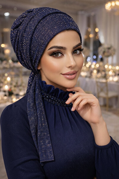 Aişe tesettür Lacivert Gold Işıltılı Atkılı Tesettür Bone