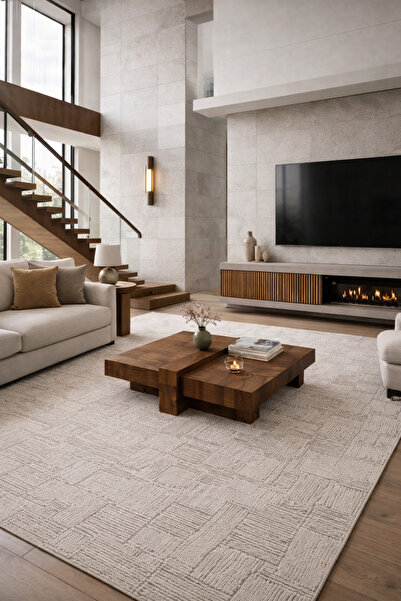 Vog Halı Royal Taş Rengi Çizgi Desenli Modern Parlak Viskon Halı Yumuşak Lüks...