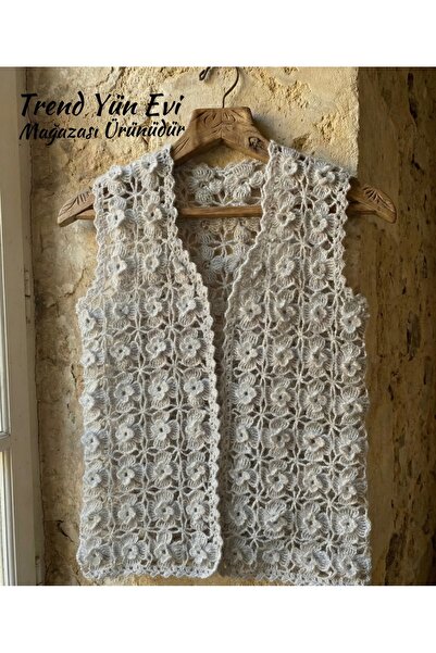 TrendYünEvi El Örgüsü Motifli Kadın Yeleği (Simli) (M _ L Beden)