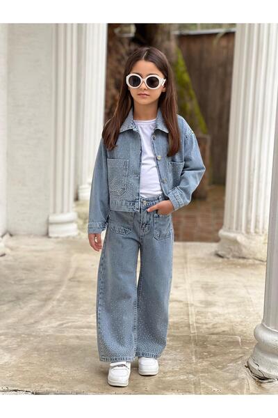 DUDOR KİDS Set pentru fete: blugi albaștri cu guler cu pietre și jachetă din ...