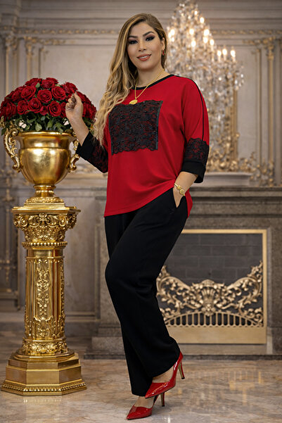 Yeşilmoda طقم نسائي مطرز بالأحجار مع تفاصيل من الغيبور وأكمام ثلاثية الطول وب...