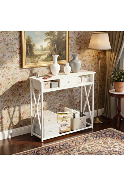 Generic Console table, wood and iron, one drawer and two shelves, wood, disti...