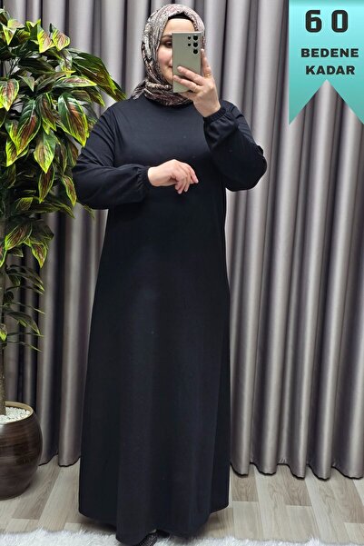 Elmas Tesettür Kadın Büyük Beden Hakim Yaka Kolları Büzgülü Fitilli Nevra Elbise