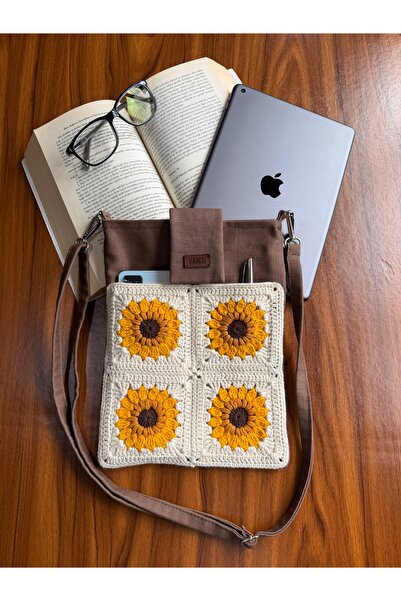 AKSESUARSEPETİ El Yapımı Ayçiçek Desenli Motifli Astarlı Taşıma Askılı Cepli ...