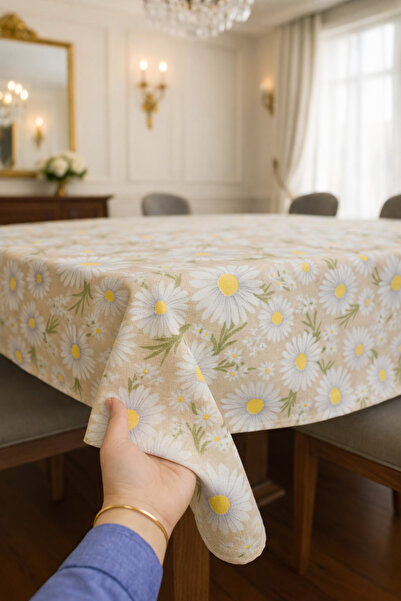 Rona Home مفرش طاولة بنقشة البابونج، مظهر الكتان الكريمي، مقاوم للبقع، قماش ع...