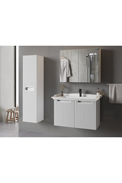 ROSEART BANYO ROSEDOUBLE 80CM BEYAZ BANYO DOLABI SETİ ÜST MODÜL + LAVABO + AL...