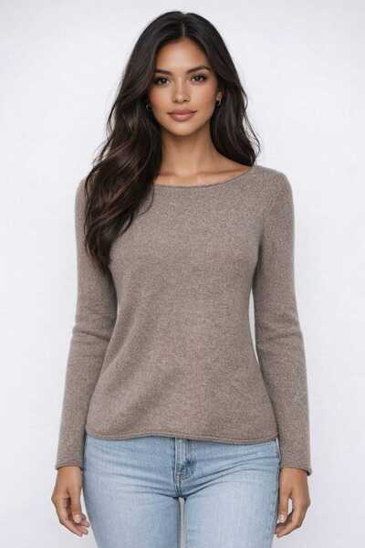 Dilvin 10836 سترة من مزيج الصوف اللامع بياقة قاربية - لون مينك فاتح