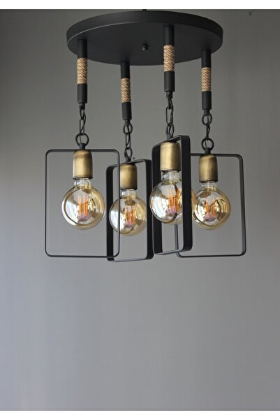 ONUR AVİZE Onur Avize Rustik Modern Eskitme Duylu Vegas 4'lü Siyah Retro Avize