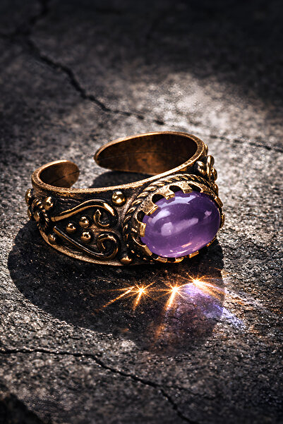 NBS Beautiful Naturel Stones Saf Bakır Ametist Yüzük Vintage Ayarlanabillir Ç...