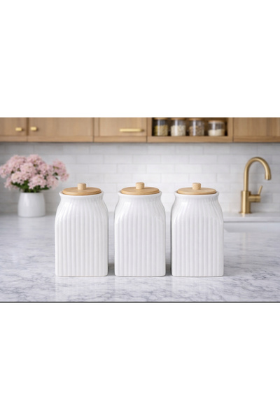 Kitchen Pembelia 3’lü Bambu Vakum Kapaklı Porselen 1000 ml Çay Şeker Tuz Kahv...