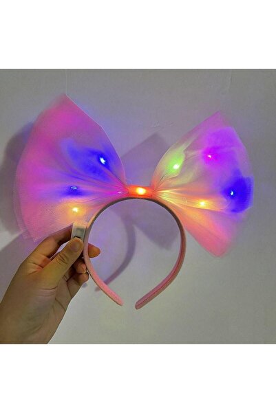 Skygo Rengarenk Led Işıklı Fiyonk Şekilli Tül Parti Tacı Pembe Renk 25x25 cm