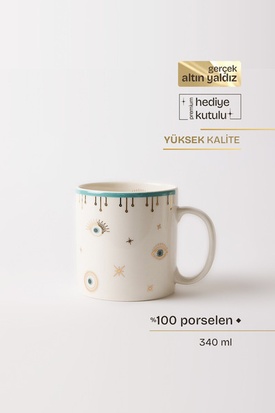 TUSE LIVING Evil Eye Gerçek Altın Yaldızlı Nazar Gözlü Porselen Kupa 340 ml