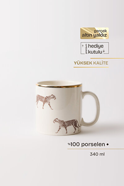TUSE LIVING Wild Walk Gerçek Altın Yaldızlı Kaplanlı Porselen Kupa 340 ml