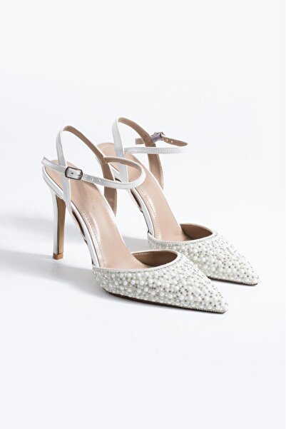 RUXENE ENA PERLE ȘI PIATRĂ BUCĂTATE SATINAT 10 CM TOC ÎNALT PANTOF DE MIREASĂ