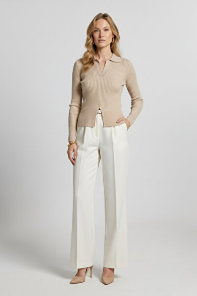 Ulino Uzun Kollu Polo Yakali Alttan Kesik Detayli Fitilli Triko