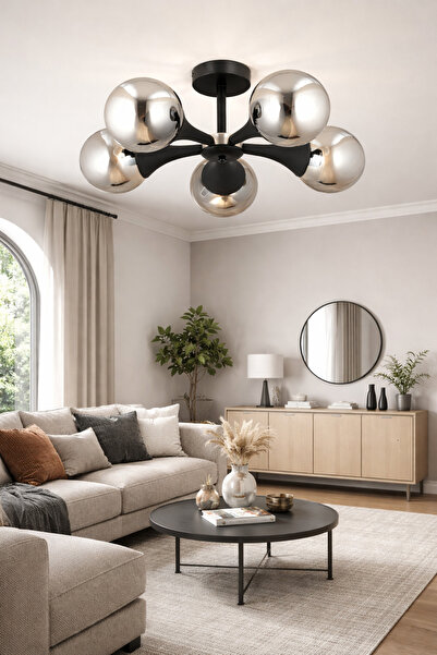 ESSLİGHT EVA 5'Lİ AVİZE FÜME GLOB CAMLI MODERN DEKORATİF AYDINLATMA