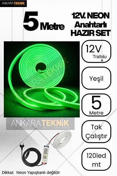 ankarateknik Yeşil Neon LED Şerit 5 Metre Anahtarlı Tak Çalıştır Adaptörlü