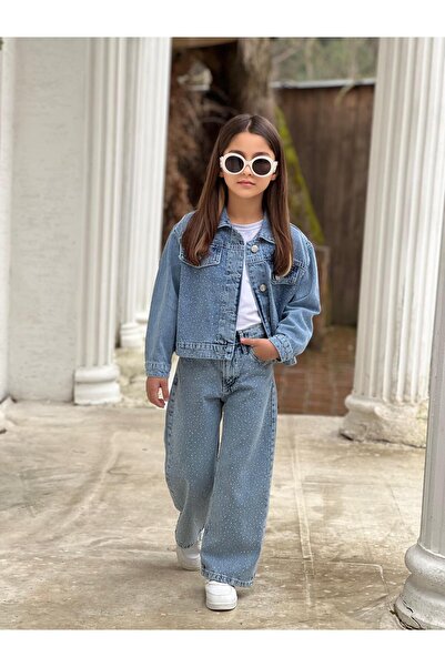 DUDOR KİDS SET PANTALONI JEANSTI CU STRASURI SI JACHETA JEANSTI PENTRU FATA -...
