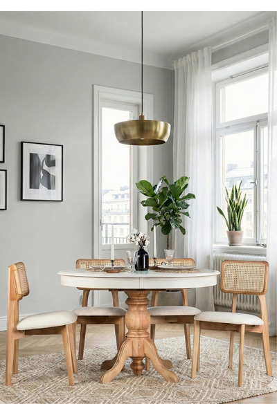 Woodenbend Ronya Natural Beyaz Ahşap Hazeranlı Oval Açılır Lake Masa Takımı 8...