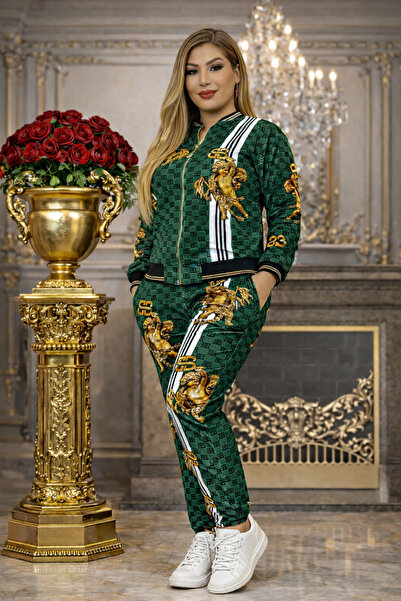 Yeşilmoda Team Women's Velvet Stone Embroidered Tracksuit Set – Zippered Swea...