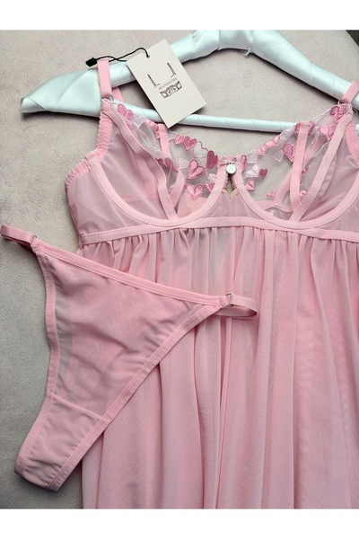 Sentientiss Vita - Kalp Desenli Balenli B Cup Pembe Babydoll Takımı