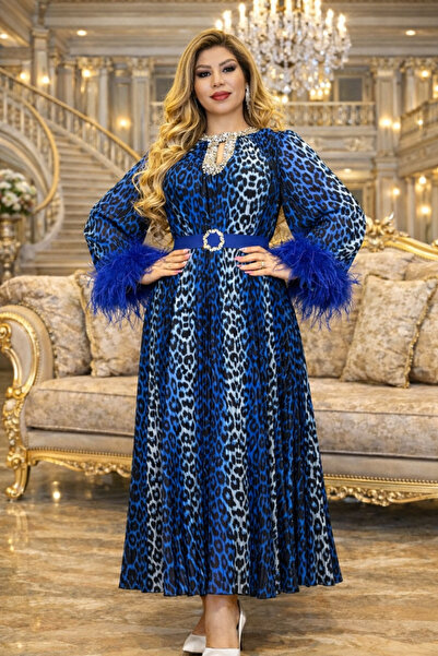 Yeşilmoda Abiye elbise Kadın mavi Leopar taş yaka detayli Uzun kollu İpek kre...