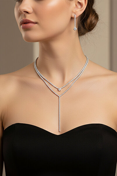 Valmont Taşlı Su Yolu Uzun Kolye ve Küpe Takı Seti - Düğün, Kına, Nişan, Geli...