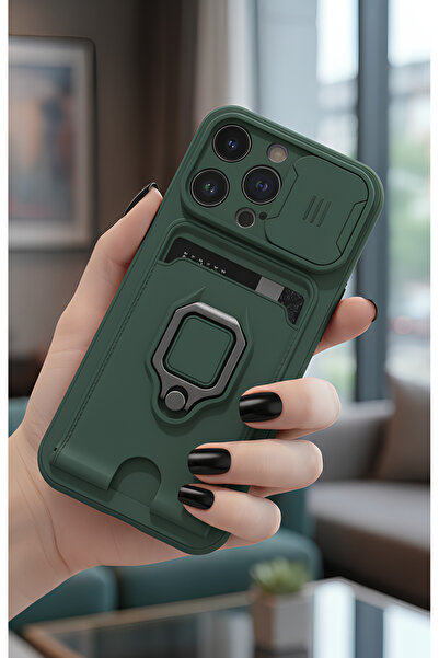 TechTrove iPhone 14 Pro Kılıf Kamera Koruma Sürgülü Kartvizitli Kartlıklı Sta...
