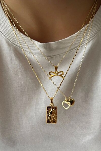 stravis Gold Renk Çoklu Charmlı 3’lü Kolye Seti