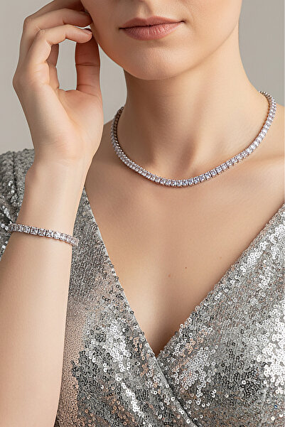 Valmont Accessories Baget Taşlı Su Yolu Kolye ve Bileklik Seti, Düğün, Kına, ...