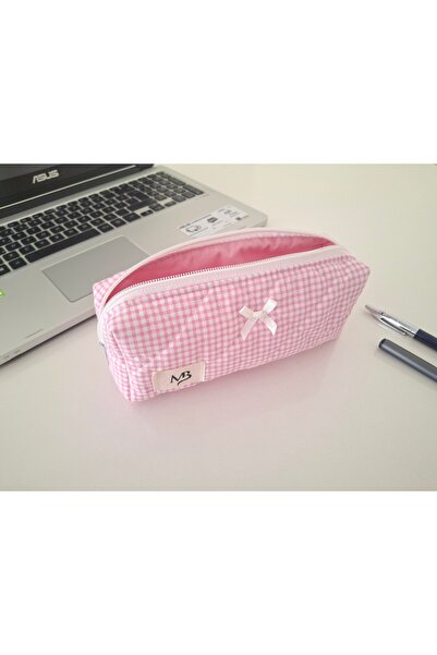 MB Pink Checkered Patterned Pen Holder - Single Compartment